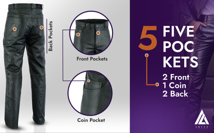 Classic 5 Pocket Leather Rider Pants showcasing front, back, and coin pockets for optimal utility and style.