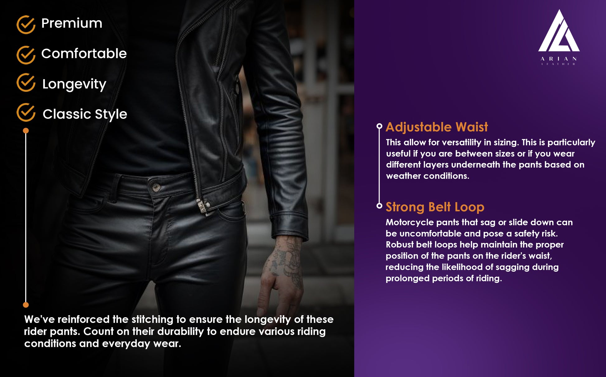 Classic 5 Pocket Leather Rider Pants with adjustable waist and strong belt loop for comfort and durability.