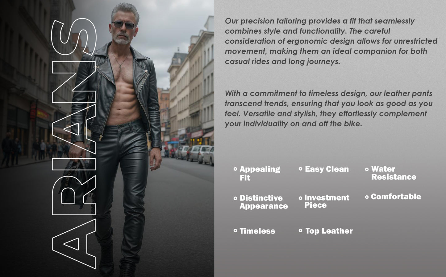 Man in leather pants and jacket on city street, showcasing stylish fit and comfort for riders.