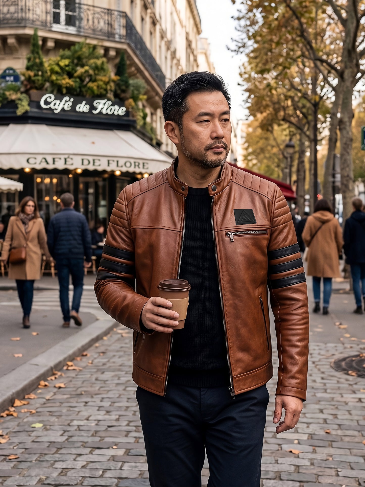 Stripes men's leather jacket in brown worn by model
